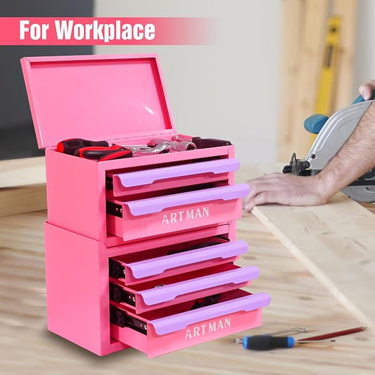 Metal Tool Box with Sliding Drawers, 5-Drawer Desktop Tool Box, Small Steel Tool Chest, Portable Benchtop Toolbox for Jewelry & Office DIY Pink-Purple