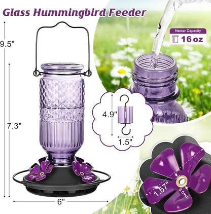 FEED GARDEN Glass Hummingbird Feeder for Outdoors Hanging, 16 oz Leak-Proof Nectar Feeder with Bee Guards & Ant Moat, 4 Metal Flower Feeding Ports, 360° Perch Ring, Easy Refill & Clean, Purple