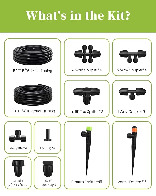 RAINPOINT Drip Irrigation System, Quick-Connect Garden Watering System Kit with Adjustable Emitters for Greenhouse, Garden Grid, Raised Bed, Potted Plant