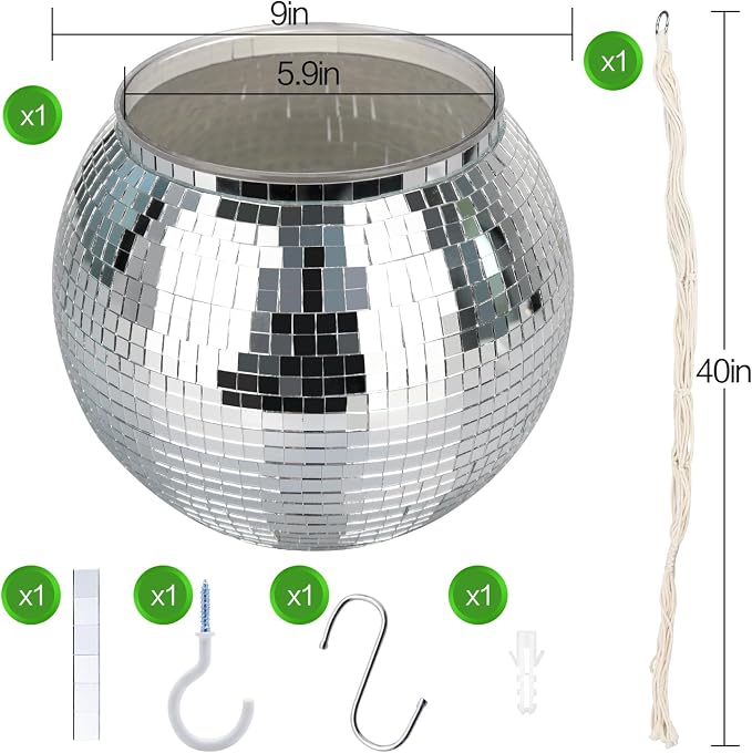 9” Silver Disco Ball Planter with Hanging Rope, Hanging Chain, Hook, Circle | for Decoration