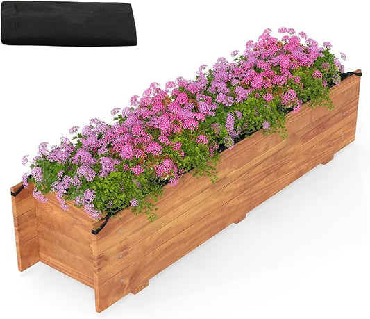 Giantex Wood Raised Garden Bed,Rectangular Planter Box w/Drainage Hole, Removable Liner for Growing Vegetable Flower Herb, Indoor Outdoor Plant Container for Backyard Deck Balcony, 44"x11"x10"
