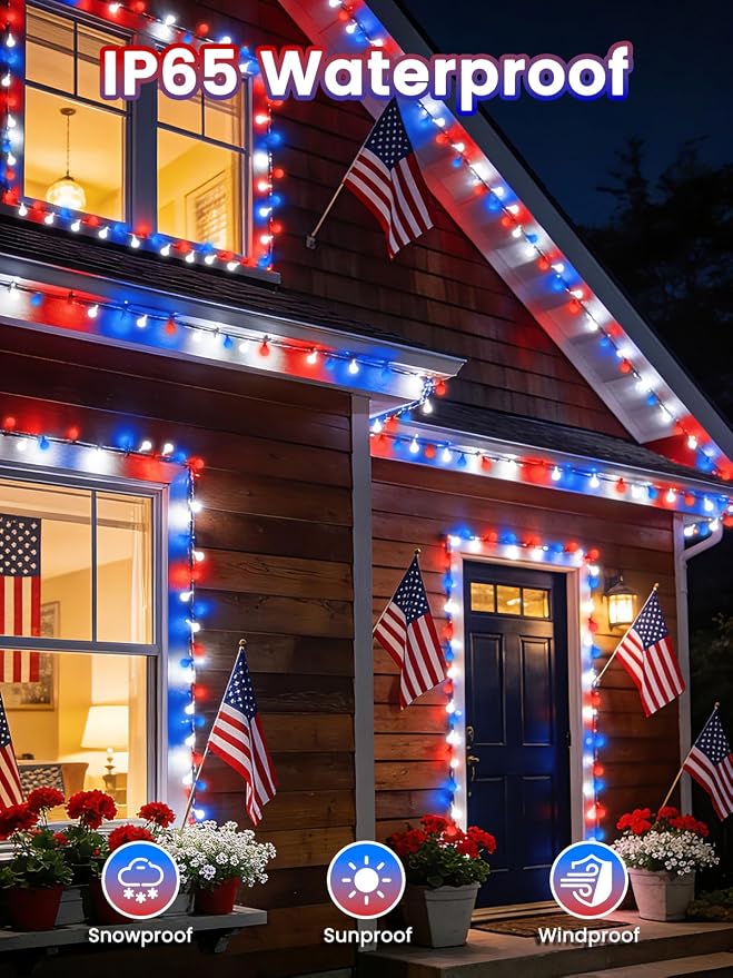 2-Pack 80 LED Red White and Blue Solar String Lights Outdoor - Waterproof 39FT Globe LED Solar Patriotic American Flag Lights with 8 Modes, 4th of July Decorations for Independence Day Memorial Day