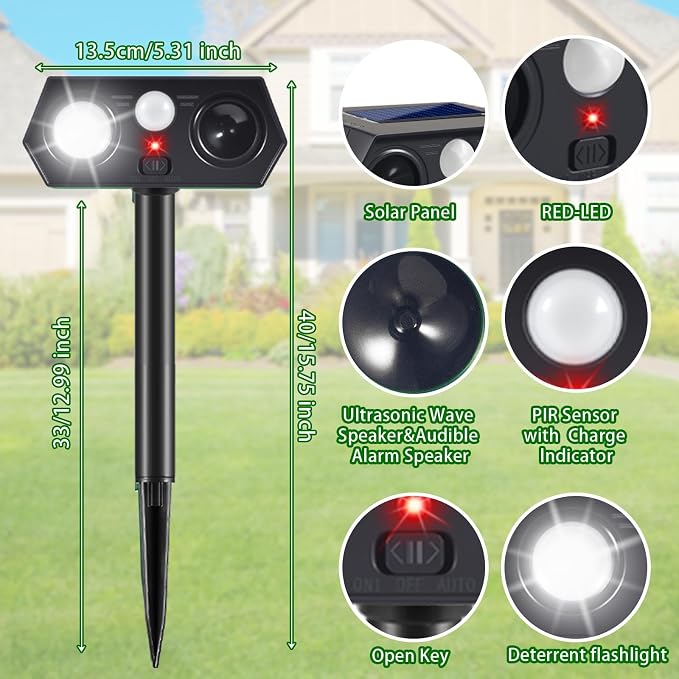 2026 Upgraded Solar Animal Repellent Deer Repellent Outdoor Waterproof Pest Deterrent, Cat Raccoon Skunk Squirrel Rabbit Repellent for Yard Garden Farm,Waterproof IP65, Motion Detection,4 Pack Black