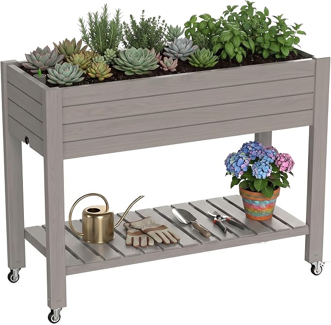 Elevated Resin Raised Garden Bed, 33.7in Height Raised Planter Box with Drainage Holes, Lockable Rotating Wheels & Bottom Storage Shelf, Stake Support, Easy Assembly for Patio Lawn Backyard Balcony