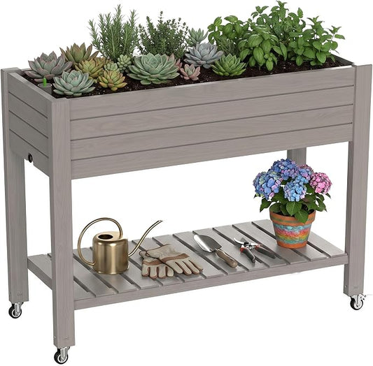 Elevated Resin Raised Garden Bed, 33.7in Height Raised Planter Box with Drainage Holes, Lockable Rotating Wheels & Bottom Storage Shelf, Stake Support, Easy Assembly for Patio Lawn Backyard Balcony