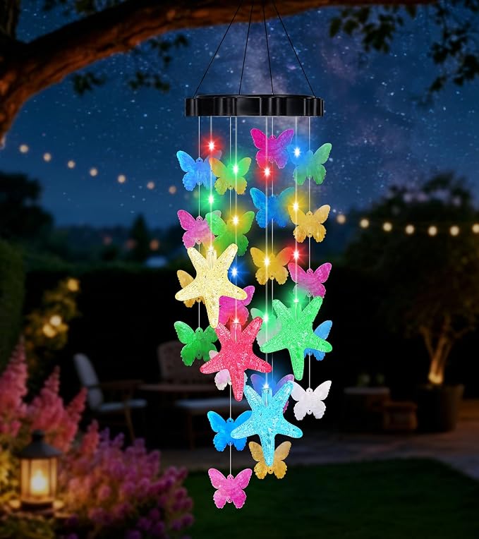 (New) Solar Wind Chimes for Outside, Butterfly Wind Chimes, Outdoor Decorative Wind Chimes with 2 Light Modes for Patio, Garden, Yard, Porch, Gifts for Mom, Grandma, Wife, Family and Friends