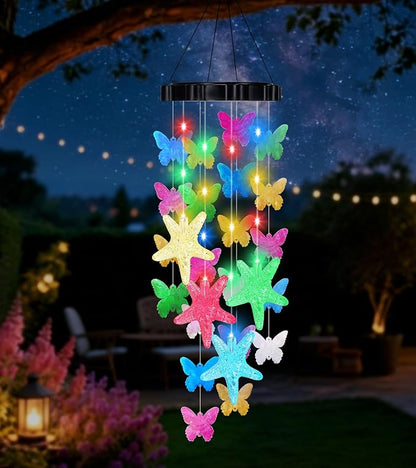 (New) Solar Wind Chimes for Outside, Butterfly Wind Chimes, Outdoor Decorative Wind Chimes with 2 Light Modes for Patio, Garden, Yard, Porch, Gifts for Mom, Grandma, Wife, Family and Friends