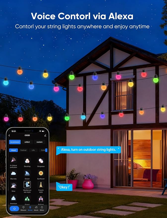 APPECK RGBW Outdoor String Lights 50ft for Patio, with 25 LED Bulbs | IP65 Waterproof, 111 Scene Modes, Dimmable Warm White, Individual Control, Music Sync, Compatible with Alexa & Google