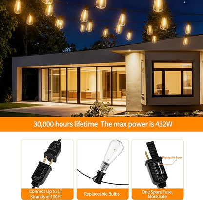 LED Outdoor String Lights 400ft Shatterproof Patio Lights with 212 Waterproof ST38 Vintage Bulbs(12 Spare), Dimmable Outside Hanging String Lights for Backyard Porch Balcony Party, Warm White