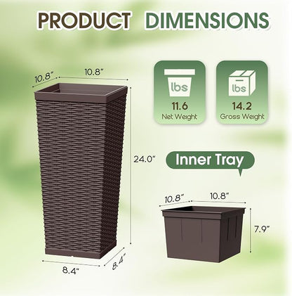 24 Inch Tall Plastic Planters (Set of 2), Detachable Inner Pot & Drainage Holes, Outdoor Decorative Flower Pots for Large Plants, Trees, Patio, and Garden, Brown