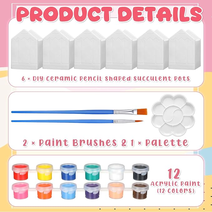 Beeveer 6 Sets Paint Your Own Succulent Planter Ceramic Mini Unpainted Flower Pots Back to School DIY Paintable Succulent Plant Pots for Kids Student Classroom Craft Project Activity