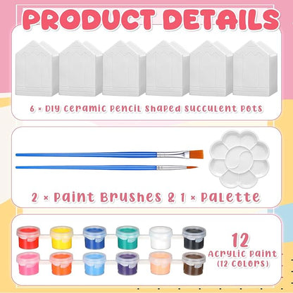 Beeveer 6 Sets Paint Your Own Succulent Planter Ceramic Mini Unpainted Flower Pots Back to School DIY Paintable Succulent Plant Pots for Kids Student Classroom Craft Project Activity