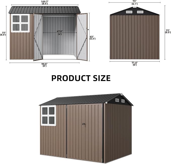 IRONCK 8.4x6.1FT Outdoor Storage Shed with Clear Window, Tool Shed, Brown | Lockable Doors, Breathable Ventilation, 8x6 FT Base, Outdoor Shed For Generators/Bikes/Wheelbarrows