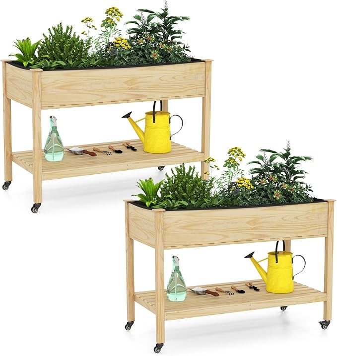 S AFSTAR 2 Pieces Wooden Raised Garden Bed with Wheels, Elevated Planter Box with Legs, Storage Shelf, Liner & Drainage Holes, Indoor Outdoor Patio Gardening Box for Vegetable, Flower & Herb