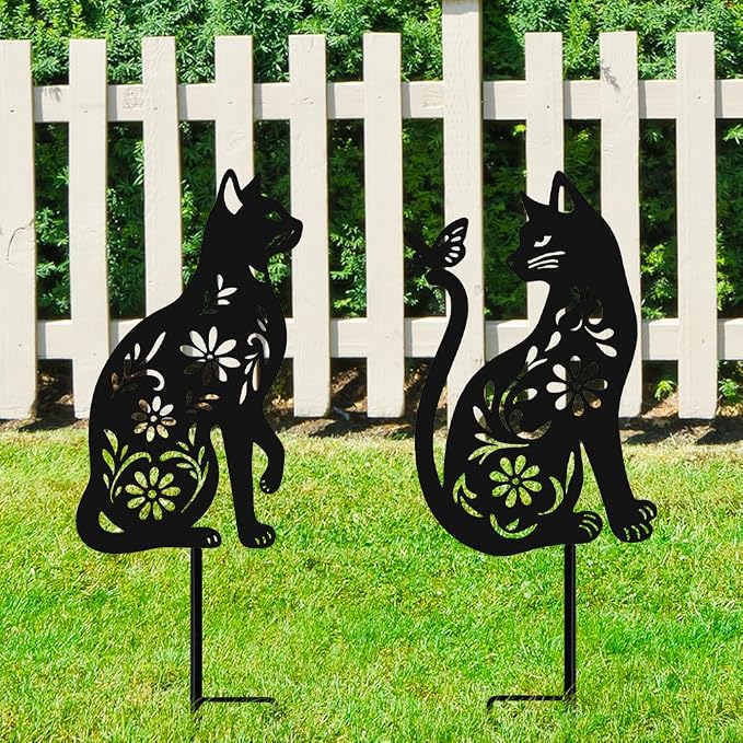 Black Cat Metal Decorative Garden Stakes, Unique Gifts for Cat Lovers, Garden Decor for Outside, Yard Art, Patio, Outdoor Decor, Garden Decorations, Lawn Ornaments (2 PCs)