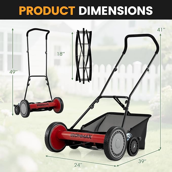 Goplus 18 Inch Push Reel Lawn Mower, 5-Blade Manganese Steel Manual Grass Cutter, 4-Position Adjustable Height, Removable Grass Catcher, Quiet No-Motor Walk-Behind Mower for Yard, Lightweight
