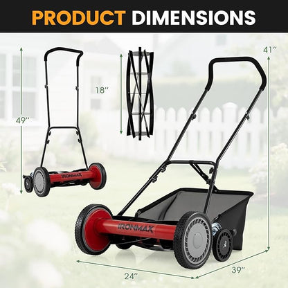 Goplus 18 Inch Push Reel Lawn Mower, 5-Blade Manganese Steel Manual Grass Cutter, 4-Position Adjustable Height, Removable Grass Catcher, Quiet No-Motor Walk-Behind Mower for Yard, Lightweight
