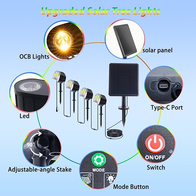 Sublume Solar Tree Lights Outdoor RGBW Color Changing with 6 Lighting Modes, Palm Tree Ring Uplights with 4000mAh Battery, 3-in-1(Stake/Tie/), IP65 Waterproof, Landscape Spotlight for Garden