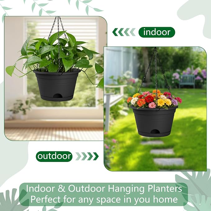 Nooulap 6 Pack Hanging Planters, 10 Inch Hanging Pots, Black | Plastic Hanging Plant Pot, Outdoor Indoor Use, with 40cm Chains and Drainage Trays, Hanging & Place Flower Pots