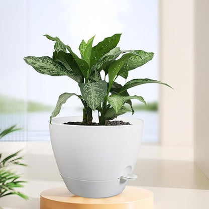 Meowell 12 inch Large Self Watering Pots for Indoor Outdoor Plants, Plant Pots with Mesh Drainage Holes for Garden House Plants, Plastic Planters with Reservoir for Flower Plants, White