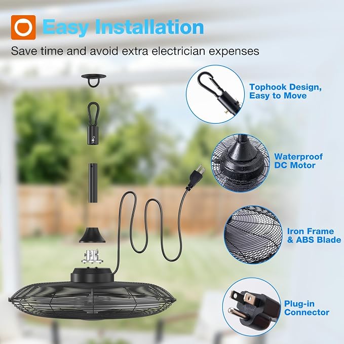 addlon Outdoor Fans for Patios, 20 inch IP65 Waterproof Gazebo Fan Remote&APP Control, 6 Speeds, Quiet, DC Motor, Plug in Ceiling Fan with Hook Hanging Caged Fan for Pergola Porch Canopy Backyard