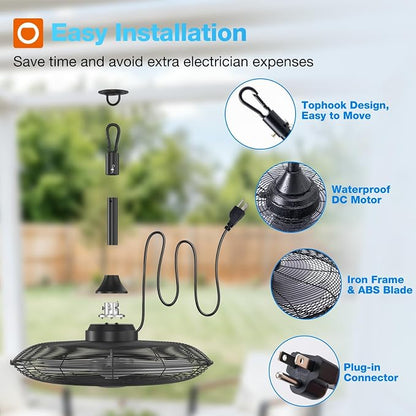 addlon Outdoor Fans for Patios, 20 inch IP65 Waterproof Gazebo Fan Remote&APP Control, 6 Speeds, Quiet, DC Motor, Plug in Ceiling Fan with Hook Hanging Caged Fan for Pergola Porch Canopy Backyard