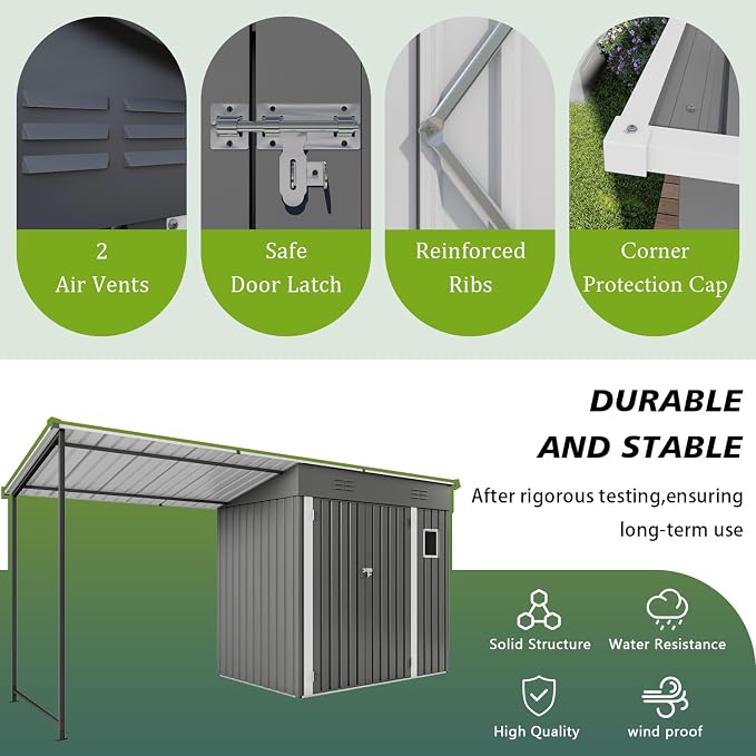 YOPTO 12x4 FT Metal Lean to Shed with Open-Sided Pergola,4x6 FT Outdoor Storage Shed & 6x4 FT Attached Hardtop Gazebo Combo,2-in-1 Durable Garden Tool Shed for Patio, Backyard, Deck,Gray