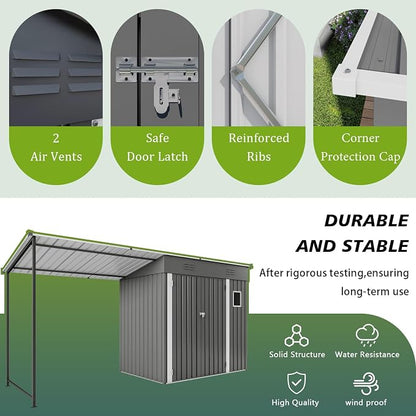 YOPTO 12x4 FT Metal Lean to Shed with Open-Sided Pergola,4x6 FT Outdoor Storage Shed & 6x4 FT Attached Hardtop Gazebo Combo,2-in-1 Durable Garden Tool Shed for Patio, Backyard, Deck,Gray