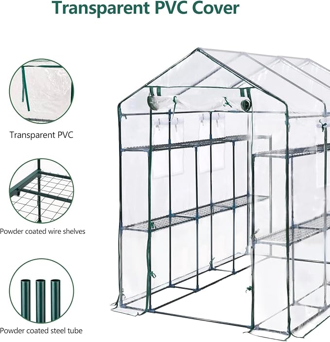 Greenhouse, 57 x 85 x 77'' Greenhouses for Outdoors, with Mesh Side Windows, PE Cover, 8 Shelves, Heavy Duty Walk in Green House for Backyard Garden Indoor, White& Green Outside