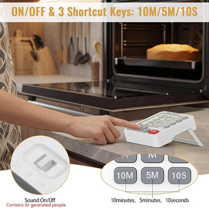 Digital Dual Kitchen Timer, 4 Channels Independent Countdown Timer, Large Display, On/Off, Loud Volume Alarm and Flashing Light with Magnetic Back, Stand, Battery Included (White)
