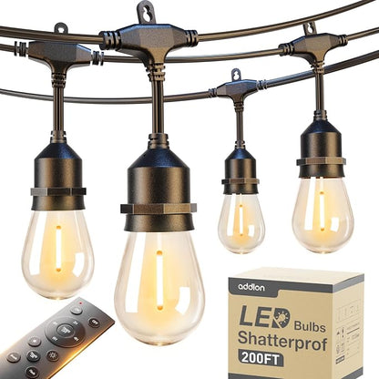 addlon 200FT Outdoor String Lights LED with Remote Dimmable Patio Lights Waterproof Shatterproof Edison Bulb for Outside Backyard Porch Garden Bistro Pergola Party Decor, Warm Ambience Lighting
