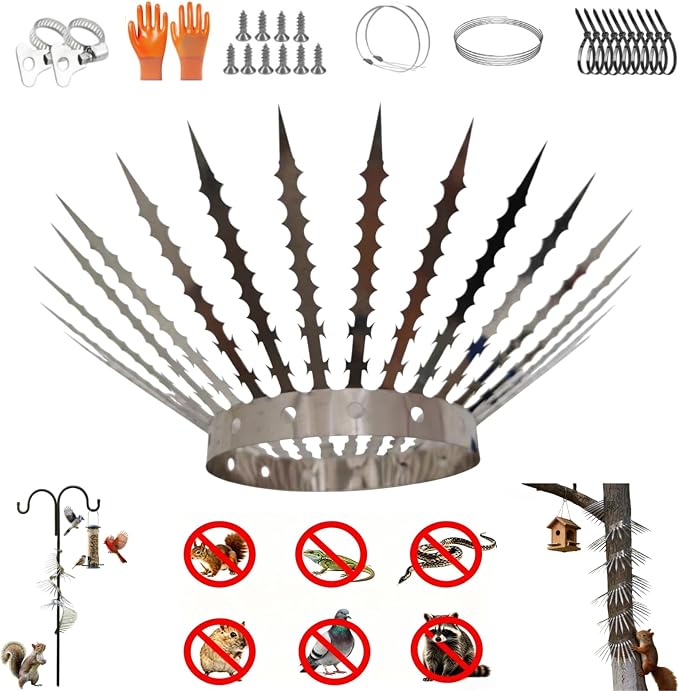 Anti-Bird/Squirrel Spikes & Squirrel Proof Baffle for Bird Feeders Pole | 4in Multi-Layer Barrier with 23 Prong,for Shepherd's Hooks/Fences/Roofs/Trees/Gutters&Downspouts.Repels Pigeons,Raccoons,Mice