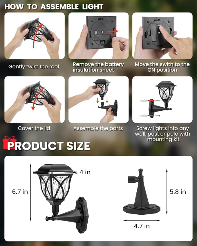TISEJOY Solar Wall Lantern Outdoor Playhouse Light, Waterproof Decorative Solar Powered for Playground, Tree House, Storage Shed, Dog House, Garden Wall, Fence, Backyard, Outdoor Accessories (4 Pack)