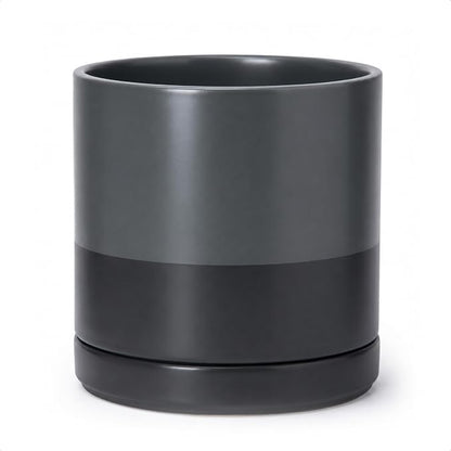 D'vine Dev 10 Inch Ceramic Planter Pot with Drainage Hole and Saucer, Indoor Cylinder Round Planter Pot, Slate, 94-O-E-5