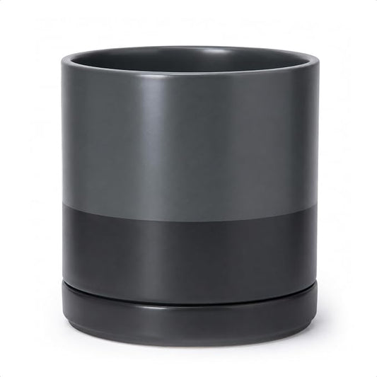 D'vine Dev 10 Inch Ceramic Planter Pot with Drainage Hole and Saucer, Indoor Cylinder Round Planter Pot, Slate, 94-O-E-5