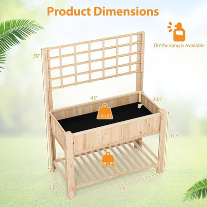 Giantex Raised Garden Bed with Trellis, Wooden Elevated Planter Box with Legs, Drainage Holes for Climbing Plants Vines Vegetables Flowers Herbs, Outdoor Horticulture Planter for Patio Backyard