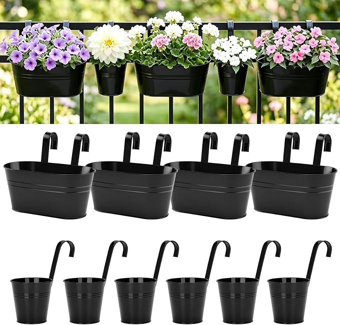 KINGLAKE Flower Pots,10 Pcs Metal Iron Hanging Flower Plant Pot Balcony Garden Plant Planter Baskets Fence Bucket Pots 10.6" & 5.1" Flower Holders with Detachable Hook Black