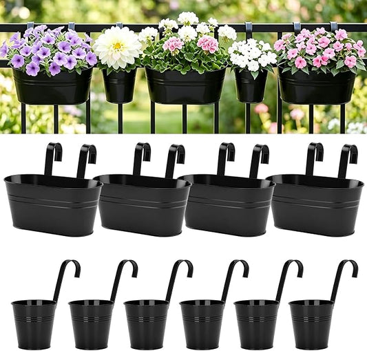 KINGLAKE Flower Pots,10 Pcs Metal Iron Hanging Flower Plant Pot Balcony Garden Plant Planter Baskets Fence Bucket Pots 10.6" & 5.1" Flower Holders with Detachable Hook Black