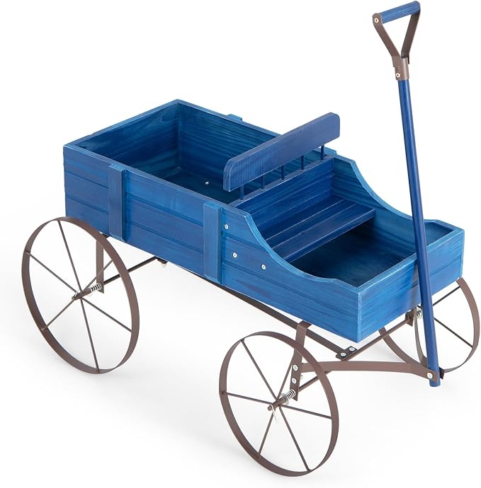 Wooden Wagon Planter, Decorative Flower Pots w/ 2 Planting Sections, Wheels & Handle, Rustic Farmhouse Garden Planter Box for Patio, Yard, Porch (Blue)