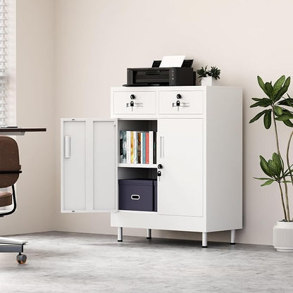 JINGUR Metal Storage Cabinet with Locking Doors and 2 Drawers, Lockable Storage Cabinet with Adjustable Shelf for Home Office Garage Entryway Pantry (White)