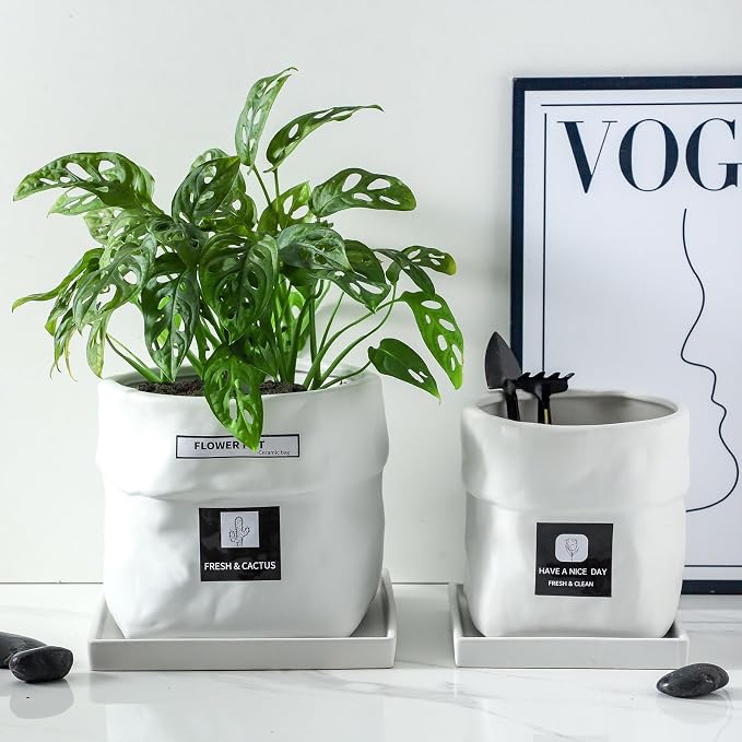 Nihow 8 Inch Ceramic Plant Pot with Drainage & Square Saucer,White | Bag Shape Design,Indoor & Outdoor,Living room/Office/Bedroom/Windowsill/Tabletop,Plant Lovers/Gardeners/Beginners