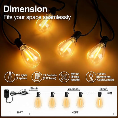 50(40+10)FT Outdoor String Lights, 15m Waterproof Remote LED Patio Lights with 19+1 S11 Bulbs 10FT Extension Cable, Dimmable Outside Hanging Lights for House, Porch,Yard,Garden,Bistro, Gazebo lighting