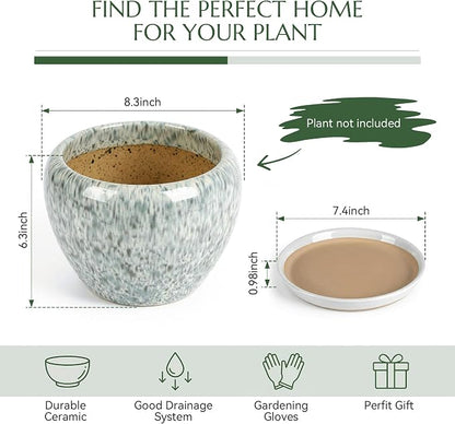 8.3 Inch Ceramic Planter with Saucer Leak-Proof Mesh &Drainage, Round Plant Pot with Gardening Gloves for Indoor Outdoor Plants (Blue Crackle Glaze)