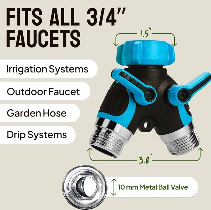 2 Way Hose Splitter Heavy Duty - Metal Y Garden Hose Splitter with Shutoff Valves, Brass Outdoor Faucet Adapter for Spigot, 3/4 Inch GHT Water Hose Connector - Blue