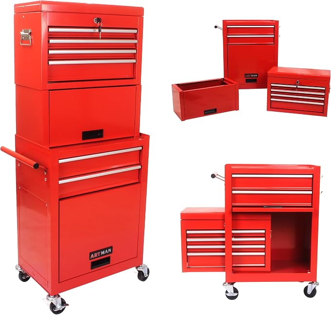 6-Drawer Tool Chest, Detachable Top Box for Garage, RED | Rolling Mobile Storage Cabinet Organizer with Lockable Wheels for Workshop Utility, Heavy Duty Metal Construction