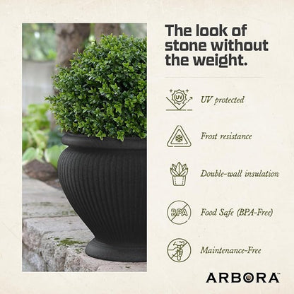 ARBORA 18" Cannes Urn Planter - Premium Polyresin Decorative Outdoor Planter with Drillable Drainage Hole for Optional Indoor Use, Lightweight, Weatherproof Plant Pot for Front Step, Garden, Deck