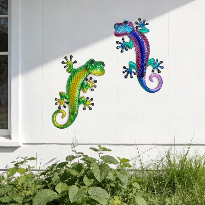 HONGLAND Lizard Metal Wall Art-15 Inch Gecko Wall Decor Hanging Glass Sculpture, 2 Pack Yard Decorations Outdoor for Garden Fence Home
