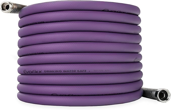 Camco EvoFlex 50-Ft Water Hose - RV Drinking Water Hose Contains No Lead, No BPA & No Phthalate - Flexible Design w/Stainless Steel Strain Relief Ends - 5/8” Inside Diameter, Purple (22586)