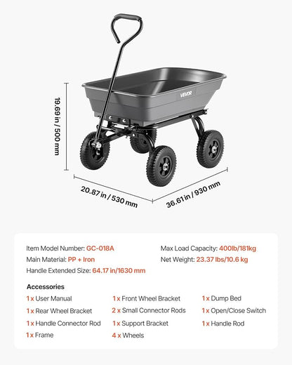 VEVOR 400LBS Wheelbarrow, Poly Garden Dump Cart Wagon with 8" Flat Free Tires, Heavy Duty Wheel Barrow Yard Cart Dump Wagon with Quick-Release System