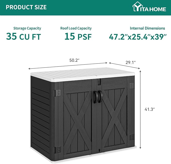 YITAHOME Outdoor Horizontal Storage Shed with X-Shaped Lockable Door, 35 Cu Ft All-Weather Resin Tool Shed w/o Shelf, Ideal for Bike, Trash Cans, Garden Tools, Lawn Mowers, Dark Gray